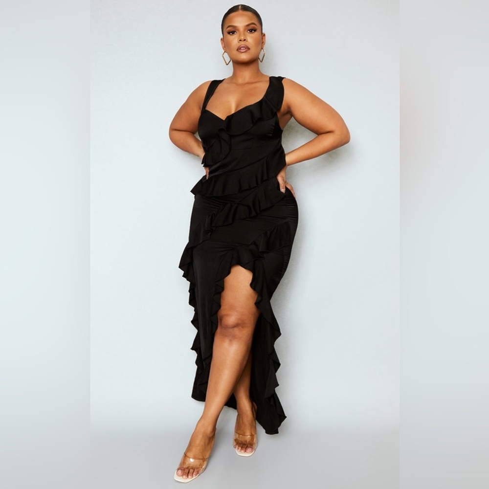 NEW PLT PLUS BLACK SATIN FRILL LAYERED MAXI DRESS